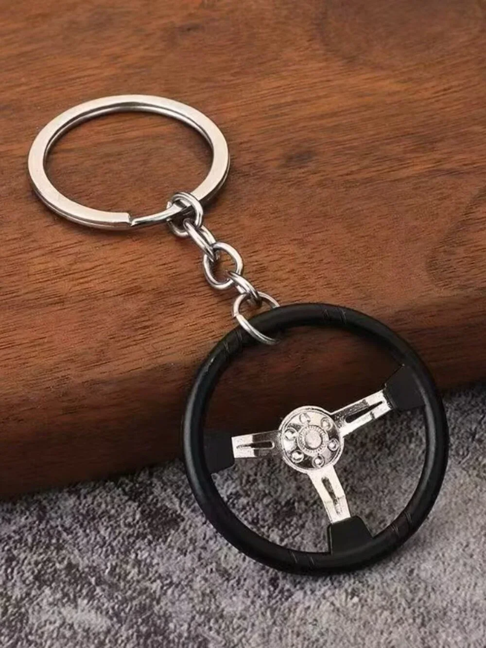 Silver 3 Spoke Racing Steering Wheel Keychain Drift Car Key Ring Enthusiast Gift